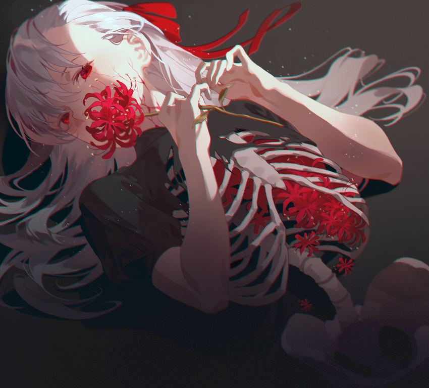 1girl, bare_arms, commentary_request, covering_mouth, dark_sakura, fajyobore323, fate/stay_night, fate_(series), flower, hair_ribbon, hands_up, heaven's_feel, highres, hip_bones, holding, holding_flower, long_hair, looking_at_viewer, lying, matou_sakura, on_back, red_eyes, red_flower, red_ribbon, ribbon, ribs, shaded_face, shirt, short_sleeves, silver_hair, skeleton, solo, spider_lily, spine, torn_clothes, torn_shirt, upper_body