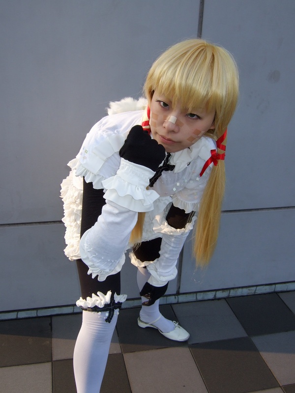 apron, bandaids, blonde_hair, cloth_road, cosplay, garters, gloves, hair_ribbons, jennifer, kouzuki_rin, ruffles, twintails