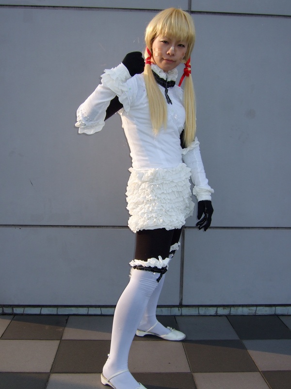 apron, bandaids, blonde_hair, cloth_road, cosplay, garters, gloves, hair_ribbons, jennifer, kouzuki_rin, ruffles, twintails