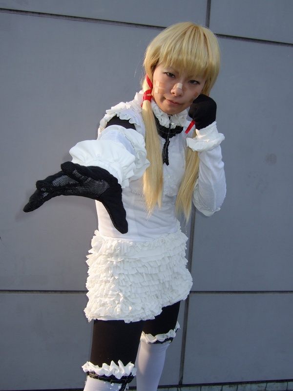 apron, bandaids, blonde_hair, cloth_road, cosplay, garters, gloves, hair_ribbons