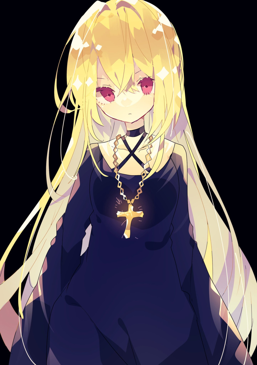 1girl, bangs, black_background, black_cat_(series), black_choker, black_dress, blonde_hair, breasts