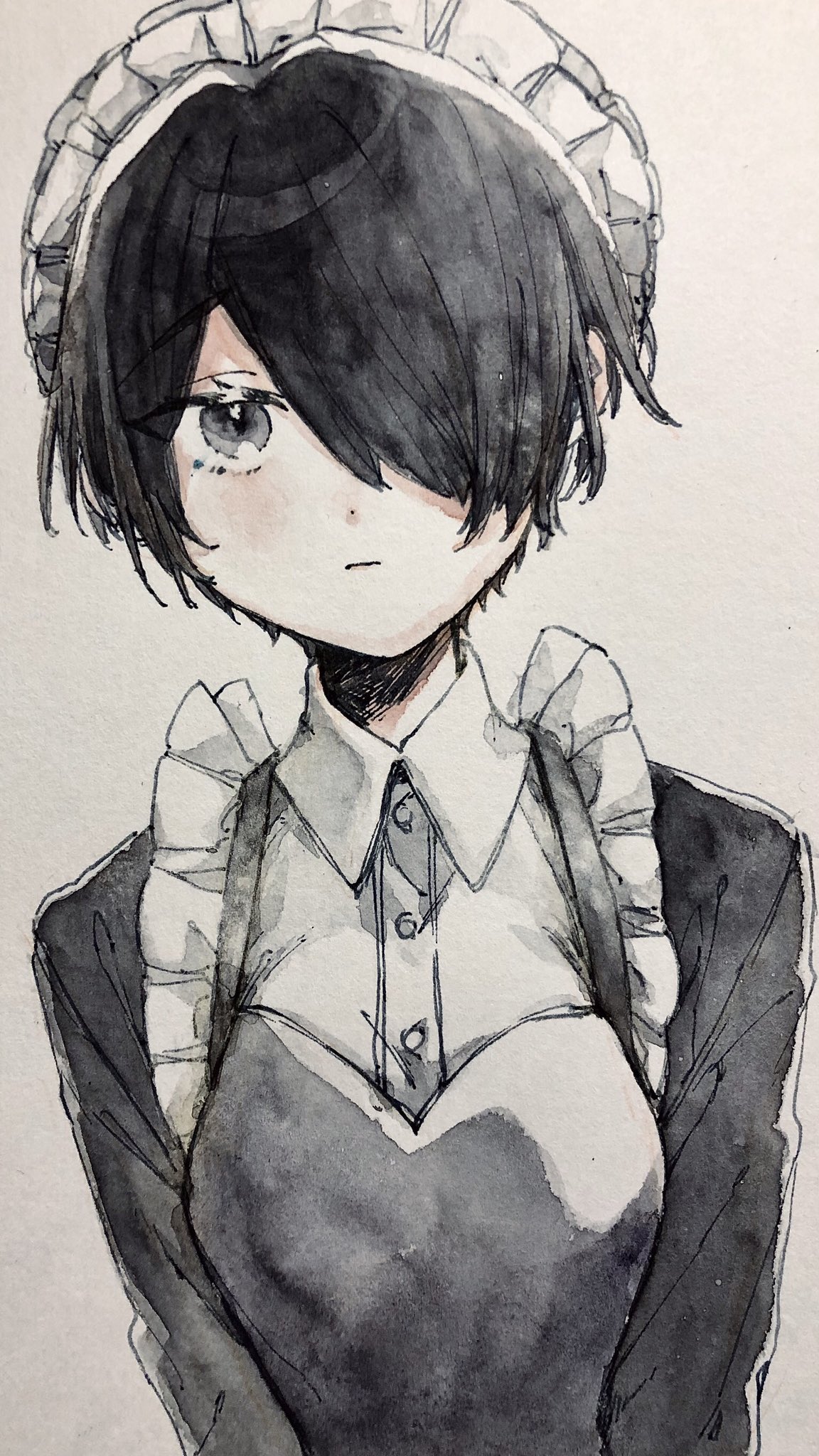 1girl, black_hairband, blush, closed_mouth, dot_nose, eyebrows_visible_through_hair, eyes_visible_through_hair, frills, grey_eyes, hair_over_one_eye, hairband, highres, maid, maid_headdress, mylenkun, original, short_hair, solo, traditional_media, upper_body, watercolor_(medium)
