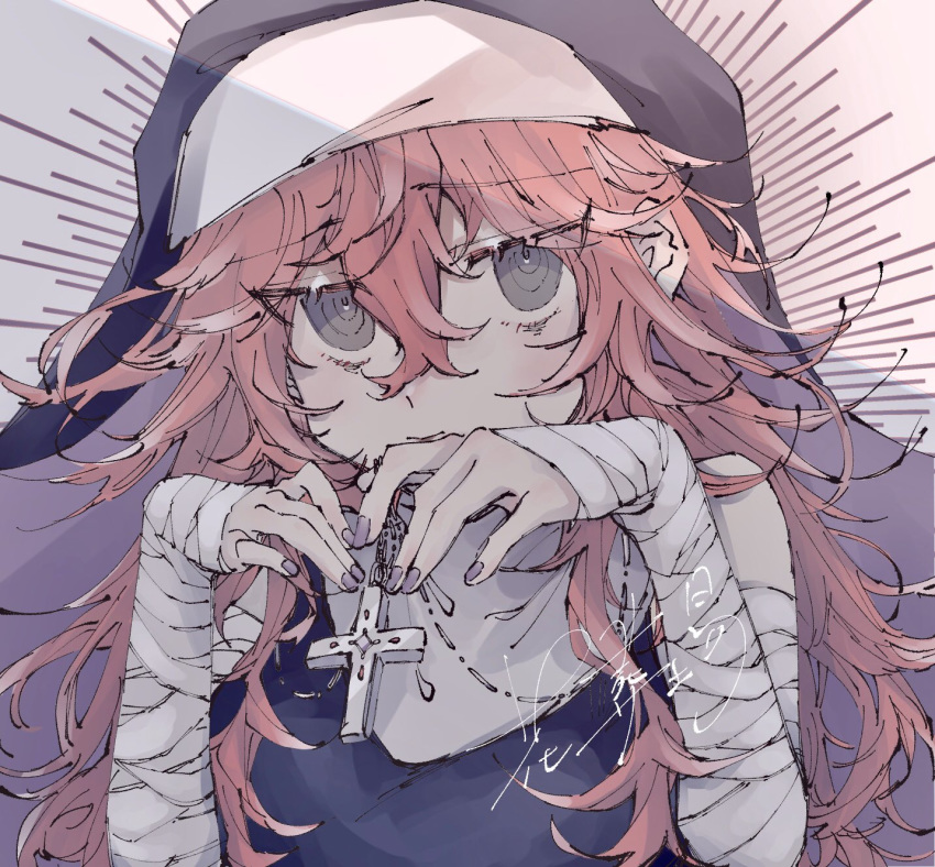 1girl, bandaged_arm, bandages, bare_shoulders, blush, closed_mouth, commission, cross