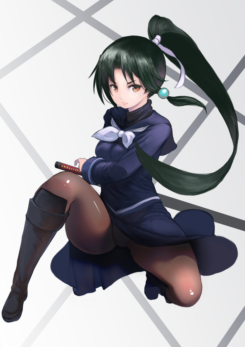 1girl, arcana_heart, black_footwear, blue_skirt, boots, brown_legwear, closed_mouth, dark_green_hair