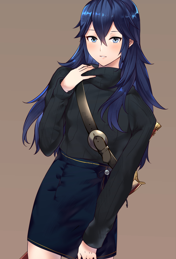 1girl, adjusting_clothes, alternate_costume, ameno_(a_meno0), belt, belt_buckle, black_sweater, blue_eyes