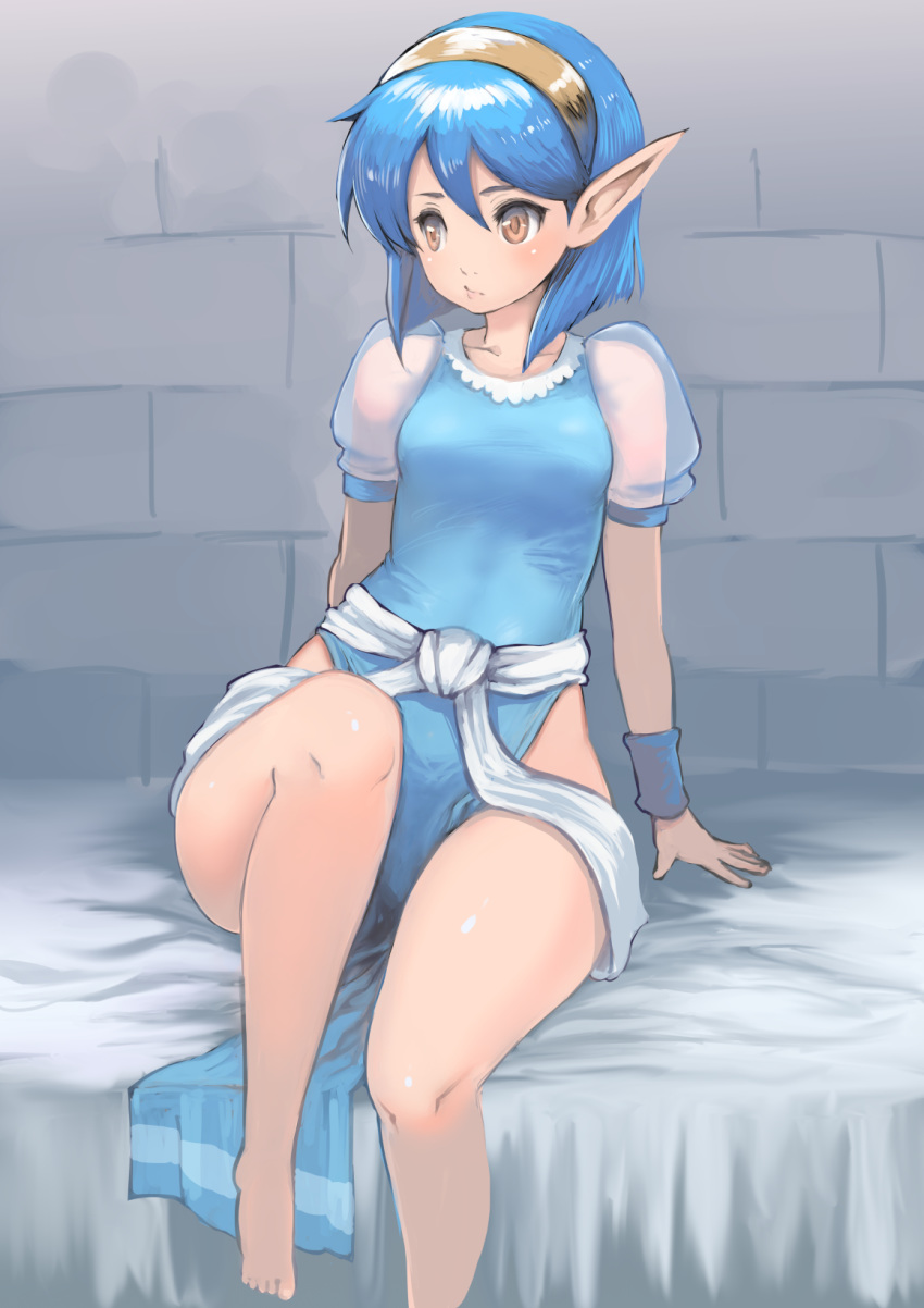 1girl, bare_legs, barefoot, bed_sheet, blue_dress, blue_hair, breasts, brick_wall, closed_mouth, collarbone, dress, hair_between_eyes, hairband, highres, johan_(johan13), landstalker:_koutei_no_zaihou, looking_away, no_panties, orange_eyes, pelvic_curtain, pointy_ears, princess_rolia, puffy_short_sleeves, puffy_sleeves, see-through, see-through_sleeves, short_hair, short_sleeves, side_slit, small_breasts, solo, thigh-highs, wristband, yellow_hairband
