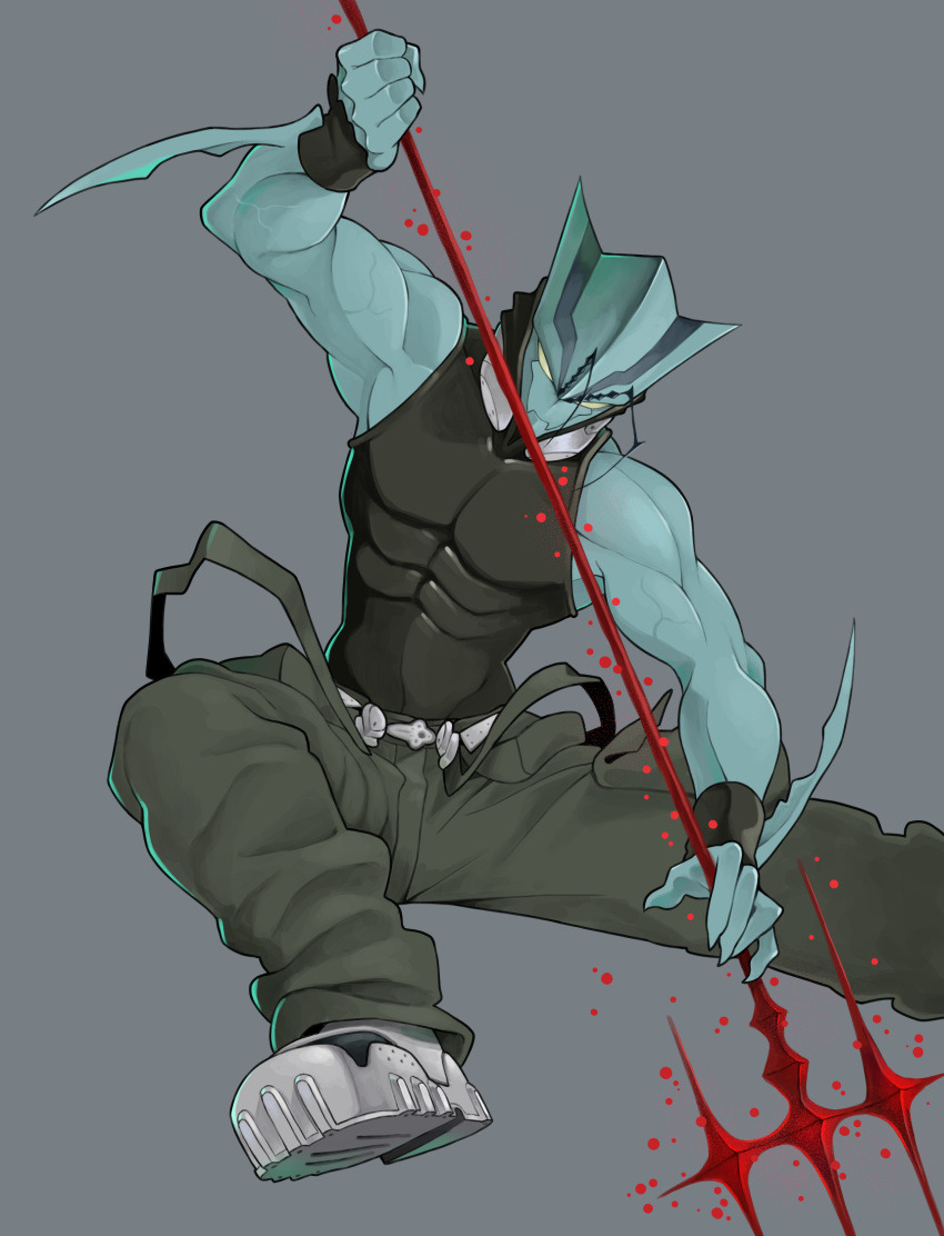 1boy, antennae, bare_shoulders, claws, closed_mouth, geee529, green_skin, grey_background, highres, holding, holding_polearm, holding_weapon, insect_boy, kekkai_sensen, male_focus, muscle, polearm, simple_background, solo, trident, veins, weapon, wristband, yellow_eyes