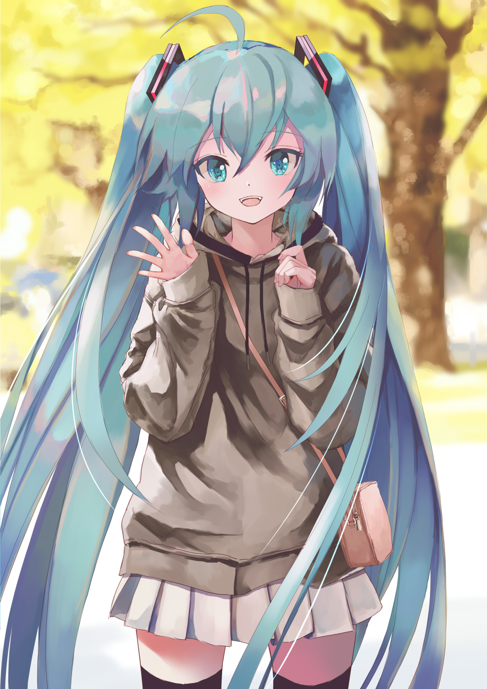 1girl, ahoge, aqua_eyes, aqua_hair, bag, black_legwear, blurry, blurry_background