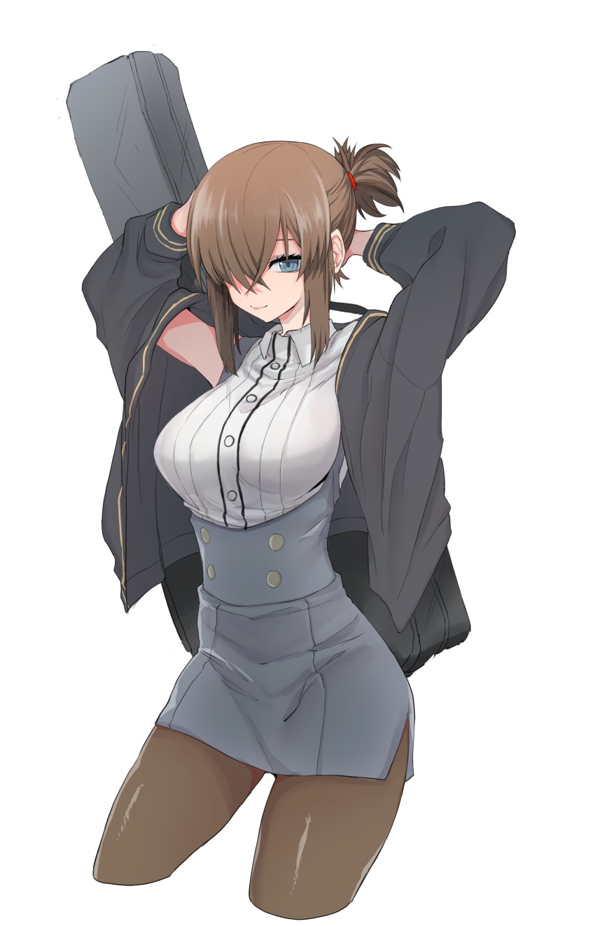 1girl, absurdres, arms_behind_head, arms_up, black_jacket, black_legwear, blue_eyes, blue_skirt