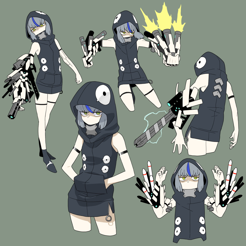 1girl, absurdres, android, armband, bare_shoulders, black_footwear, black_hoodie, blue_hair