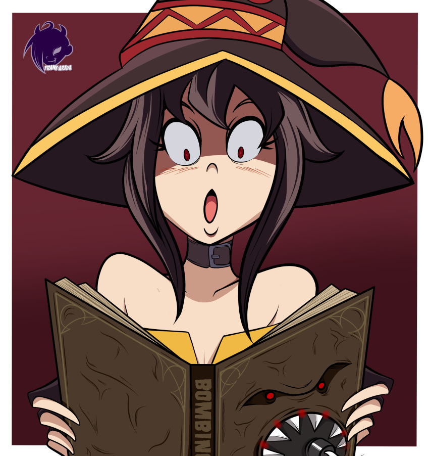 1girl, absurdres, bare_shoulders, black_choker, bomb, book, brown_hair, choker