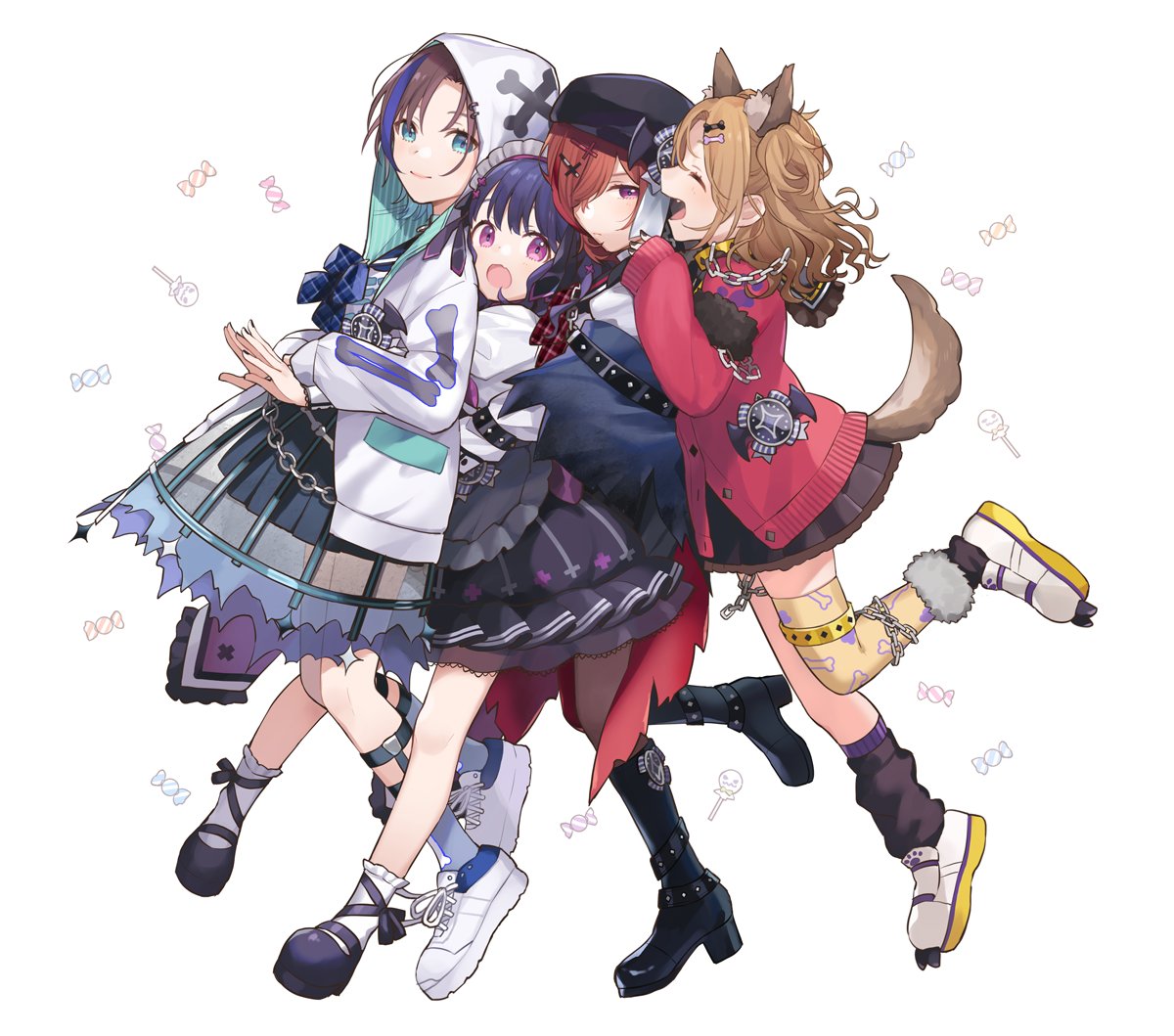 4girls, animal_ears, asakura_tooru, beret, black_footwear, black_hair, black_nails, black_skirt