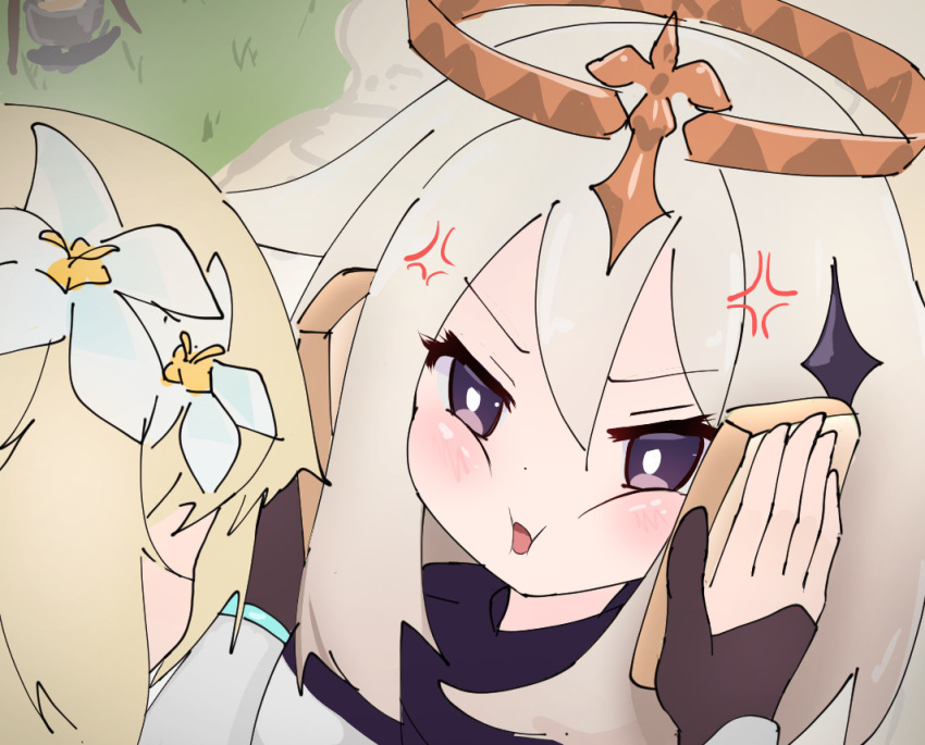 2girls, anger_vein, blonde_hair, blush, bread, bread_slice, bright_pupils, cheek_squash