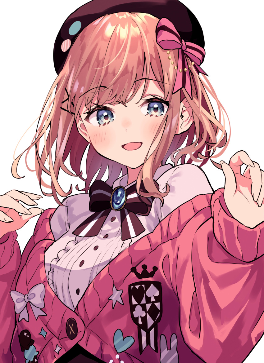 1girl, absurdres, beret, black_headwear, black_neckwear, blue_eyes, blush, bow