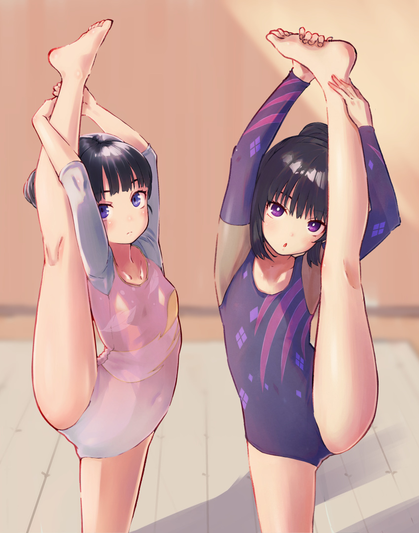 2girls, absurdres, athletic_leotard, bangs, barefoot, black_hair, blunt_bangs, commentary_request