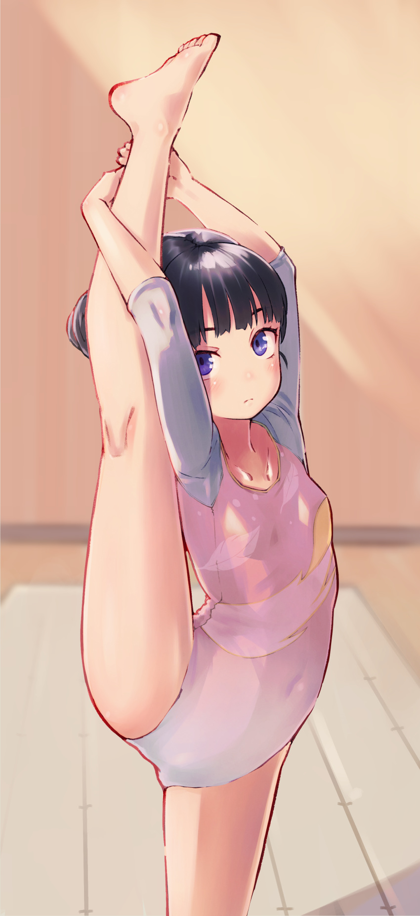 1girl, absurdres, athletic_leotard, bangs, barefoot, black_hair, blunt_bangs, commentary_request