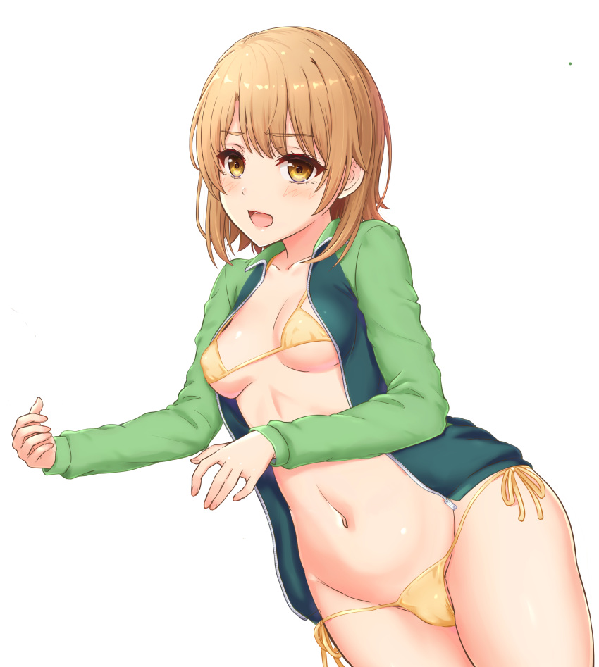 1girl, absurdres, bikini, brown_eyes, brown_hair, commentary_request, cowboy_shot, green_bikini