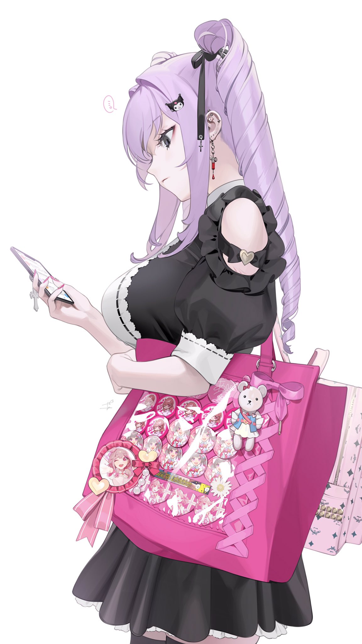 1girl, bag, bangs, black_dress, black_legwear, black_ribbon, breasts, cat_hair_ornament
