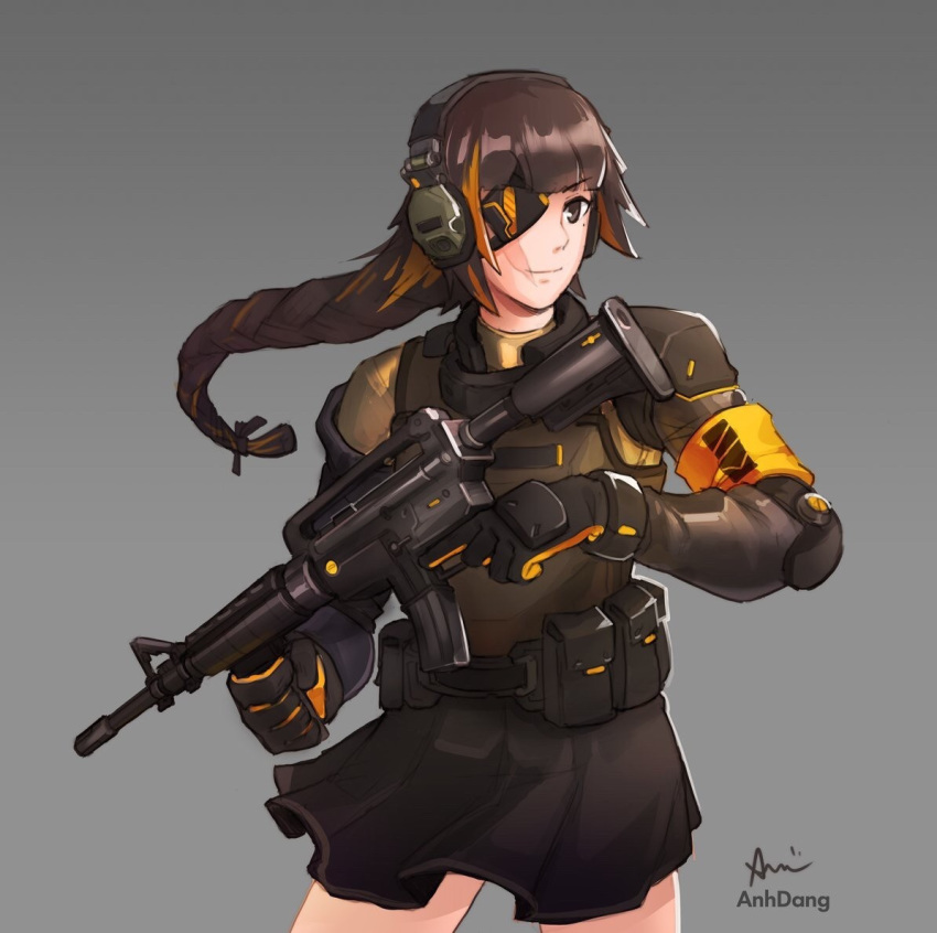 1girl, anhdang, assault_rifle, belt_pouch, black_gloves, black_skirt, braid, brown_eyes