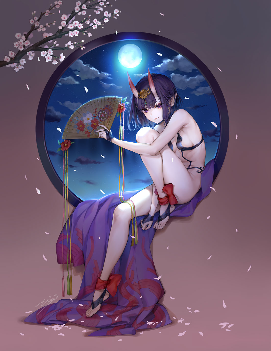 1girl, bangs, bare_arms, bare_shoulders, blush, bob_cut, breasts, cherry_blossoms