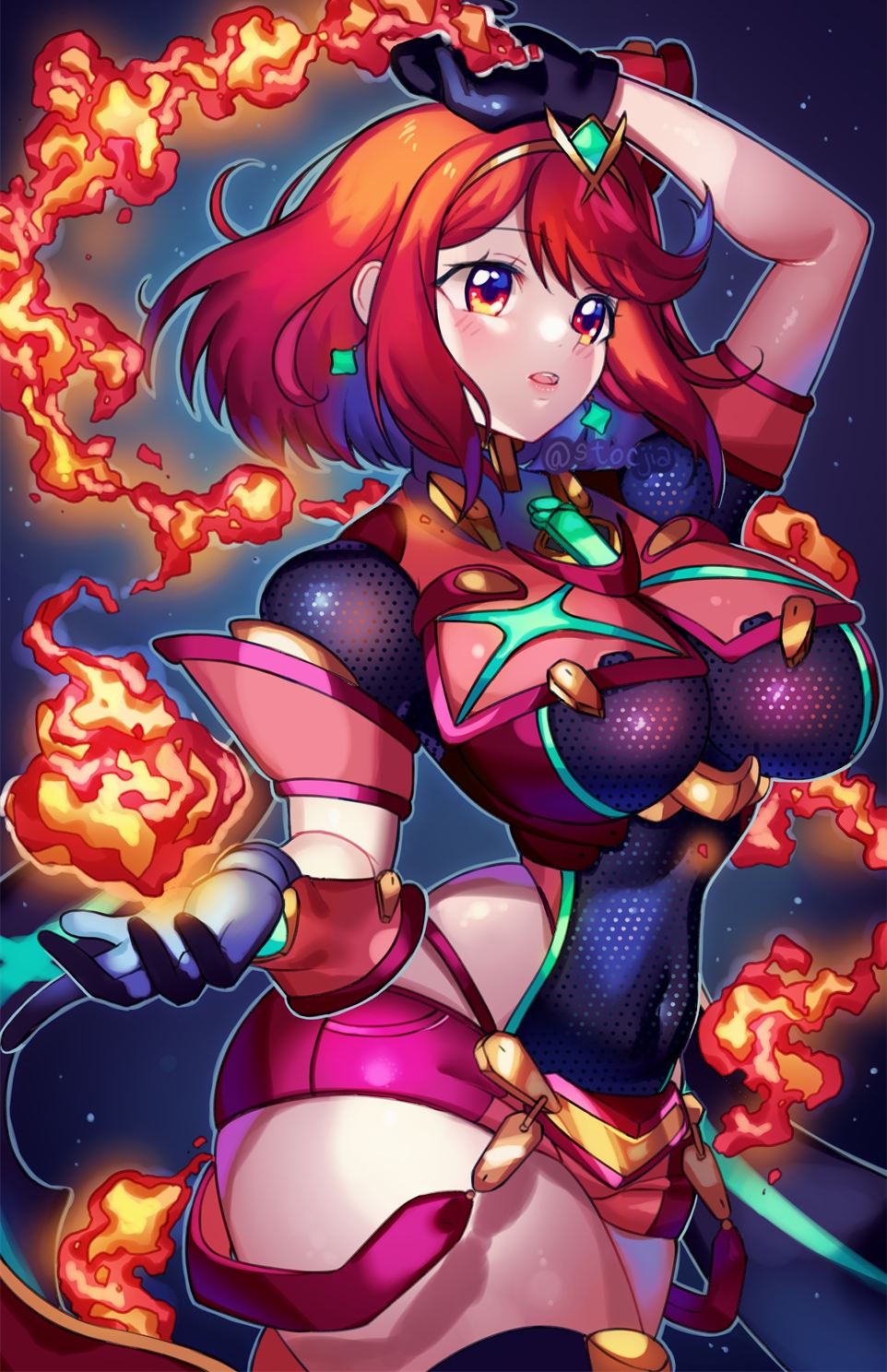 1girl, breasts, fingerless_gloves, fire, gloves, highres, large_breasts, pyra_(xenoblade)