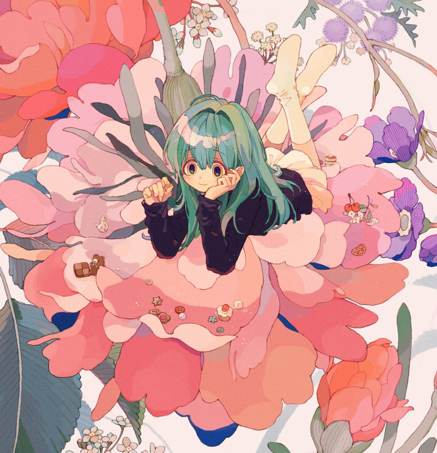 1girl, candy, chin_rest, closed_mouth, cupcake, fingernails, flower, food