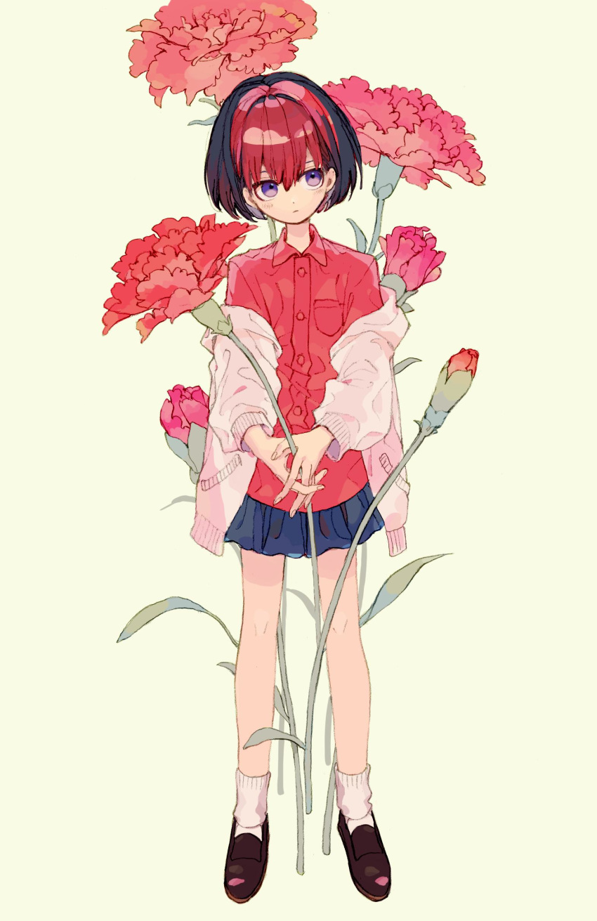 1girl, absurdres, bangs, black_footwear, black_hair, blue_skirt, breast_pocket, buttons, cardigan, carnation, collared_shirt, flower, full_body, hair_between_eyes, highres, ka_(marukogedago), long_sleeves, multicolored_hair, off_shoulder, original, oversized_plant, pocket, red_carnation, red_flower, red_shirt, redhead, shirt, shoes, skirt, socks, solo, standing, violet_eyes, white_legwear