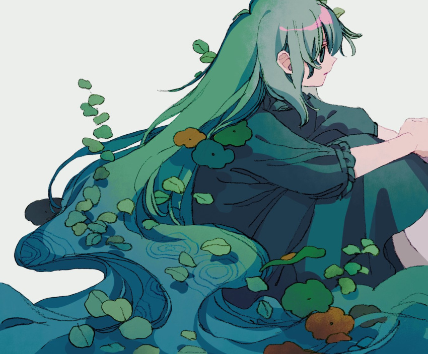 1girl, absurdly_long_hair, closed_mouth, dress, feet_out_of_frame, from_side, green_dress, green_eyes