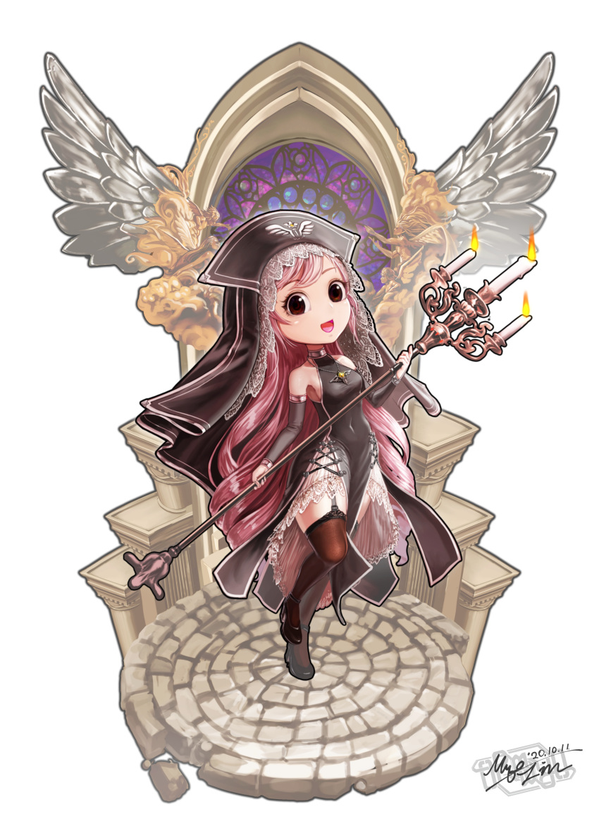 1girl, :d, absurdres, black_eyes, breasts, brown_legwear, candelabra, candle, chibi, covered_navel, dated, detached_sleeves, fantasy, fire, full_body, garter_belt, highres, long_hair, lumia_saga, myo-zin, nun, open_mouth, pink_hair, small_breasts, smile, solo, stained_glass, standing, very_long_hair, white_background, wings