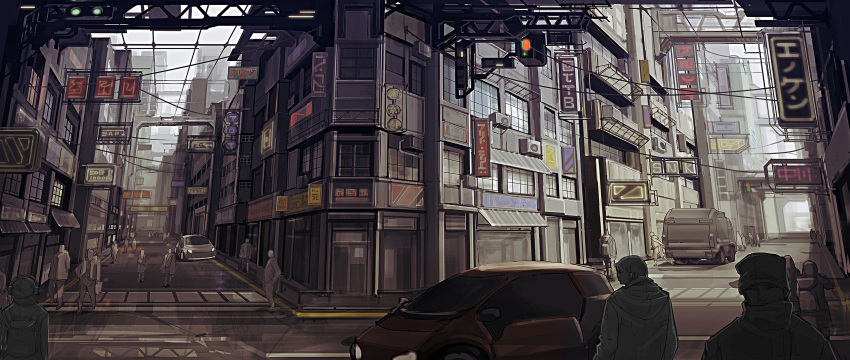 6+boys, absurdres, air_conditioner, backpack, bag, building, car, city