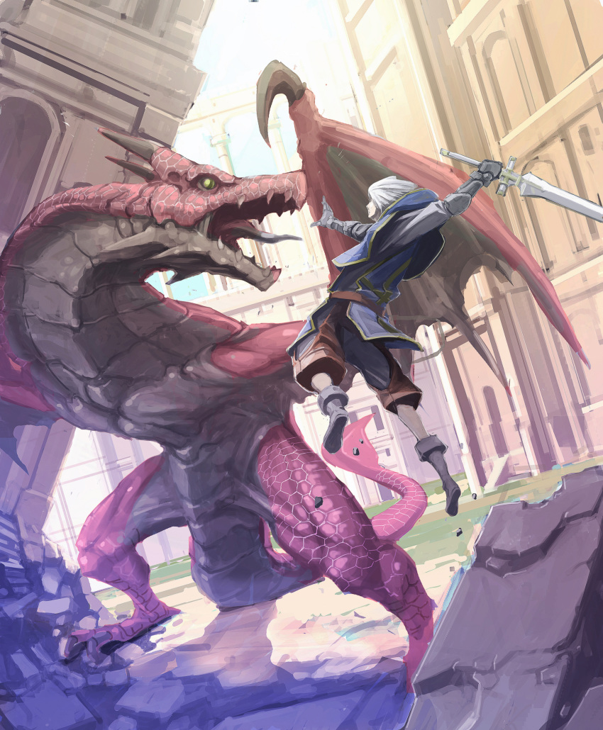 1boy, absurdres, battle, boots, day, dendou_(andu0083), dragon, eye_contact, fighting_stance, gauntlets, highres, holding, holding_sword, holding_weapon, jumping, looking_at_another, midair, open_mouth, original, outdoors, rubble, sword, weapon, white_hair, yellow_eyes