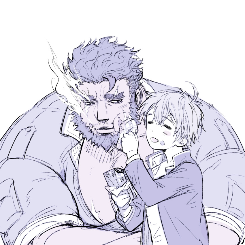 bara, beard, blue_theme, blush, cheek_bulge, chest, facial_hair, feeding, flaming_eye, gakuran, hephaestus_(tokyo_houkago_summoners), highres, lamapacosss, male_focus, manly, master_4_(tokyo_houkago_summoners), monochrome, muscle, school_uniform, sketch, thick_eyebrows, tokyo_houkago_summoners, upper_body, white_background, wiping_face