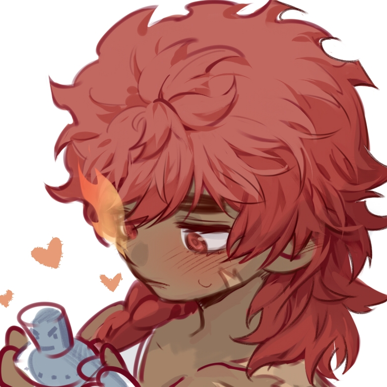 1boy, blush, braid, flaming_eye, heart, hephaestus_(tokyo_houkago_summoners), lama-pacos, lamapacosss