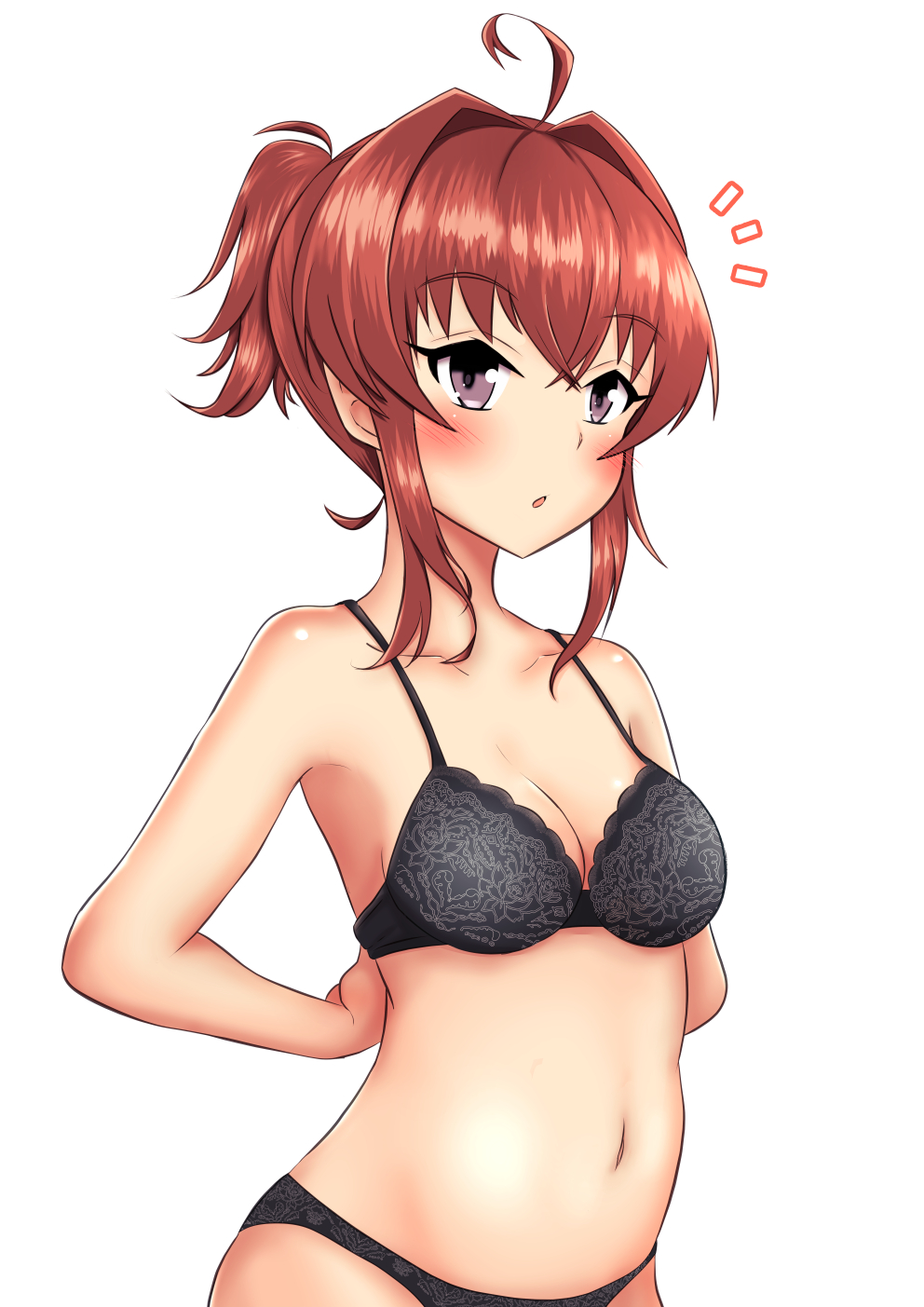 1girl, ahoge, arashi_(kantai_collection), black_bra, black_panties, bra, breasts, hair_intakes