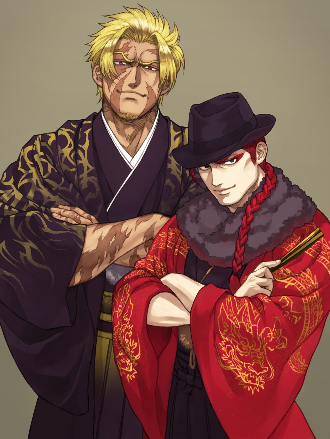 2boys, alternate_costume, alternate_hairstyle, bangs, beowulf_(fate/grand_order), black_eyes, black_kimono, blonde_hair