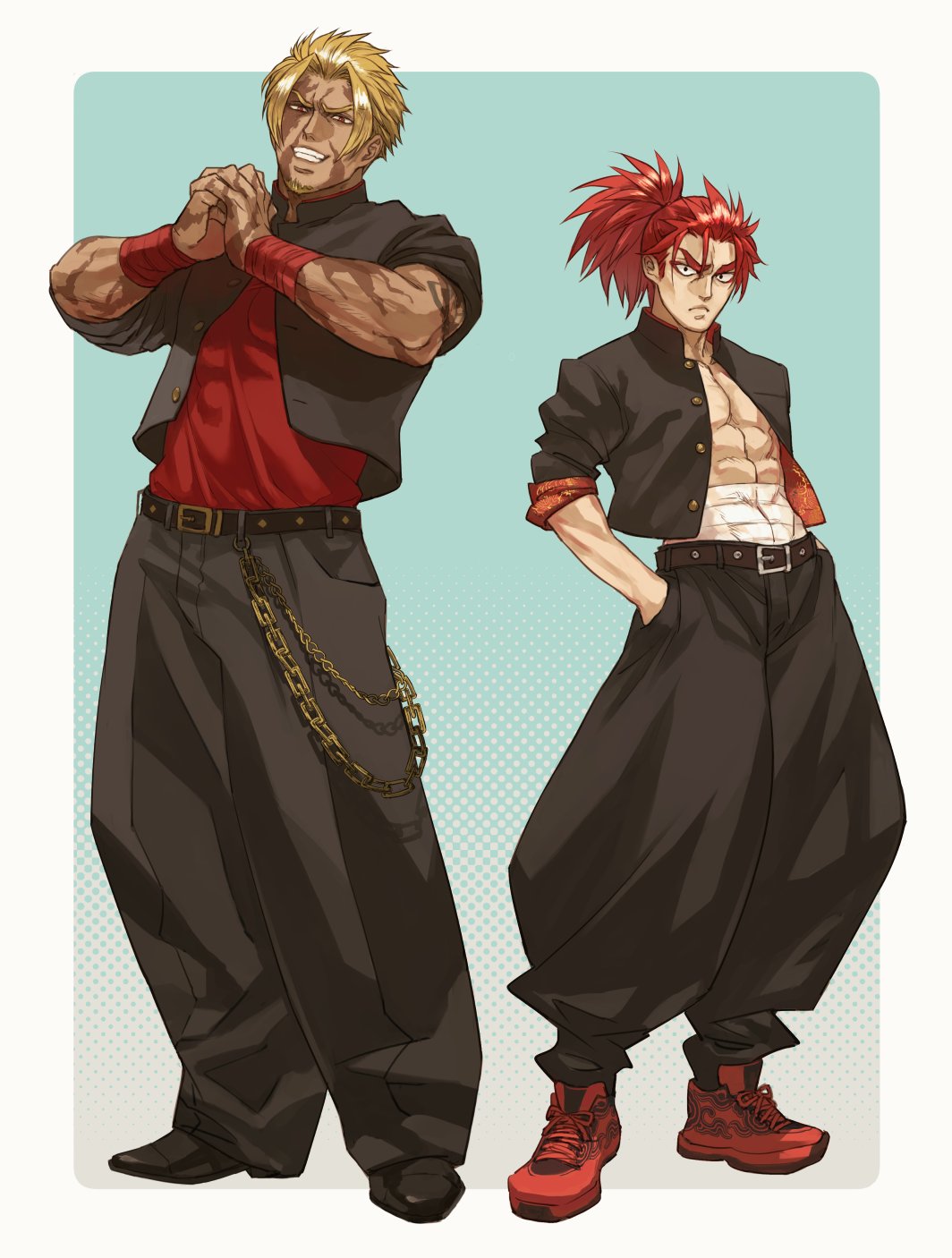 2boys, abs, alternate_costume, baggy_pants, bandages, bangs, belt, beowulf_(fate/grand_order), black_eyes, blonde_hair, chest, coat, cracking_knuckles, fate/grand_order, fate_(series), full_body, hands_in_pockets, highres, li_shuwen_(fate), long_hair, looking_at_viewer, multiple_boys, muscle, open_clothes, open_coat, pants, parted_bangs, ponytail, red_eyes, red_footwear, redhead, renga2250, scar, short_hair, spiky_hair, standing, toned, toned_male