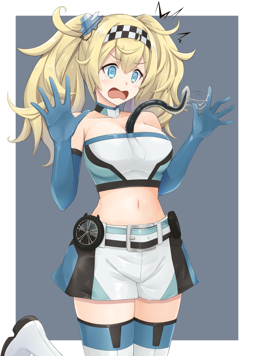 1girl, alternate_costume, between_breasts, black_shorts, blonde_hair, blue_eyes, blue_footwear, blue_gloves