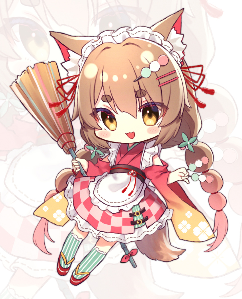 1girl, :d, animal_ear_fluff, animal_ears, apron, bangs, between_fingers, blush_stickers, braid, broom, brown_eyes, brown_hair, checkered, chibi, commentary_request, dango, eyebrows_visible_through_hair, food, food_themed_hair_ornament, frilled_apron, frills, full_body, green_legwear, gyozanuko, hair_between_eyes, hair_ornament, hairclip, highres, holding, holding_broom, holding_food, japanese_clothes, kimono, long_hair, long_sleeves, looking_at_viewer, lumia_saga, maid_headdress, obi, open_mouth, red_footwear, red_kimono, sanshoku_dango, sash, short_eyebrows, smile, solo, striped, striped_legwear, tail, thick_eyebrows, thigh-highs, twin_braids, twintails, vertical-striped_legwear, vertical_stripes, very_long_hair, wa_maid, wagashi, white_apron, wide_sleeves, zoom_layer, zouri