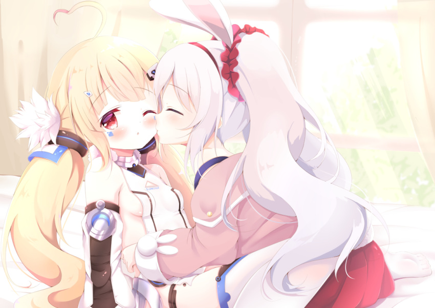 2girls, ;o, ahoge, animal_ears, azur_lane, bangs, bare_shoulders, bed_sheet