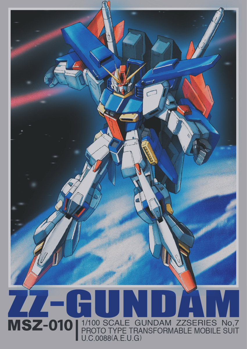 character_name, clenched_hands, fake_box_art, floating, green_eyes, gundam, gundam_zz, highres
