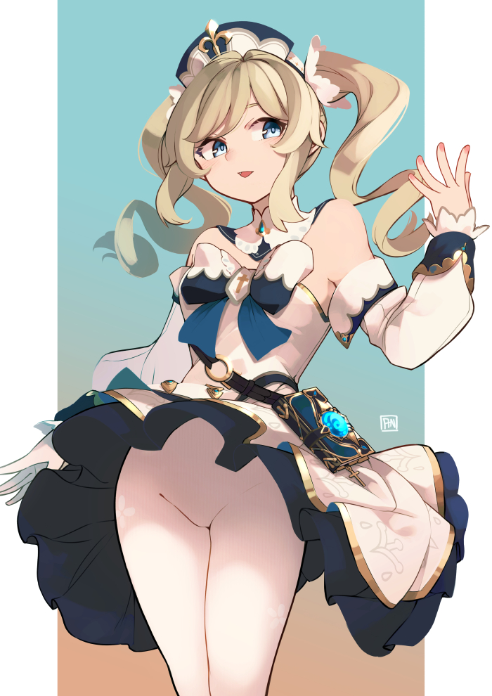 1girl, :d, angry_num, barbara_(genshin_impact), bare_shoulders, belt, blonde_hair, blue_background