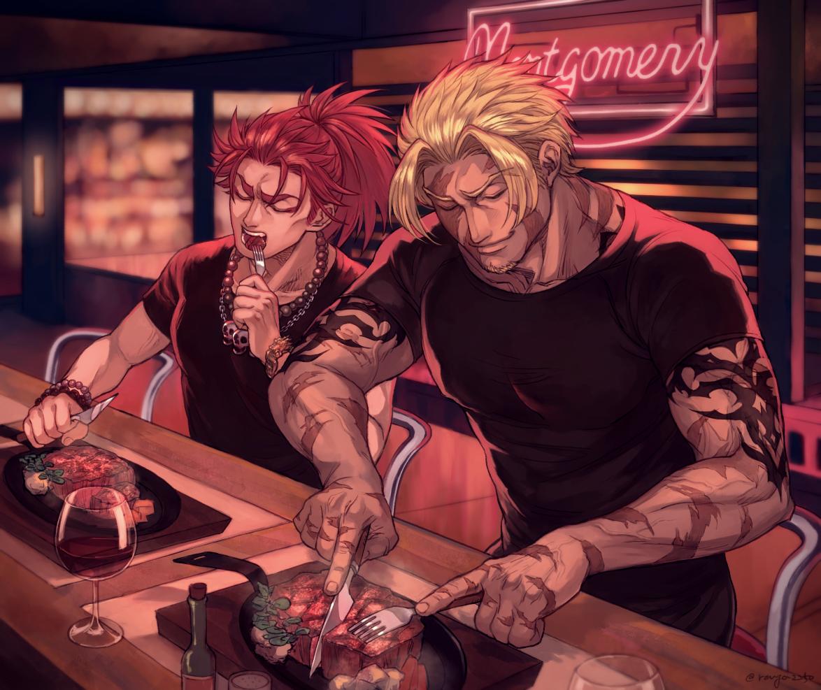 2boys, alternate_costume, bangs, beowulf_(fate/grand_order), black_eyes, black_shirt, blonde_hair, casual