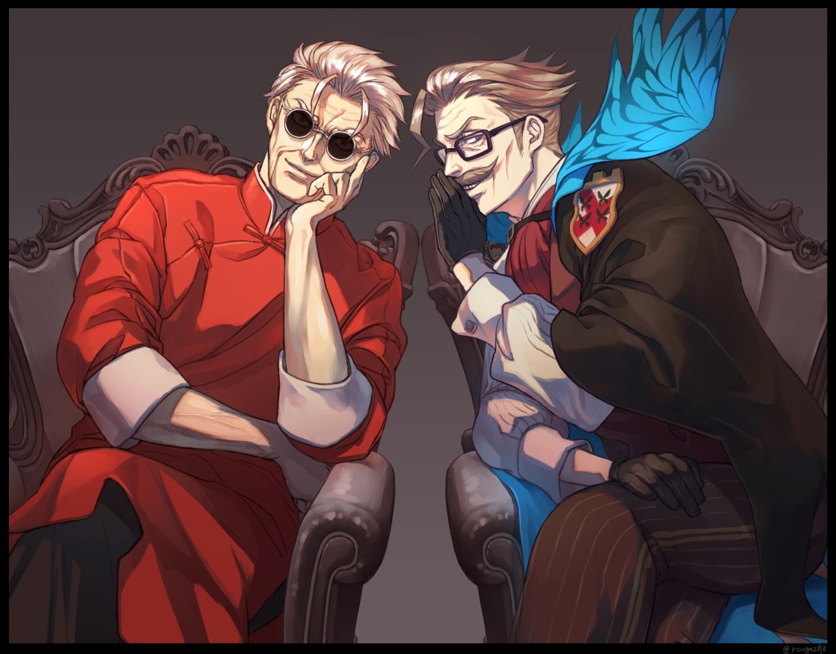 2boys, animal_print, bangs, black_gloves, blue_eyes, butterfly_print, chair, chinese_clothes
