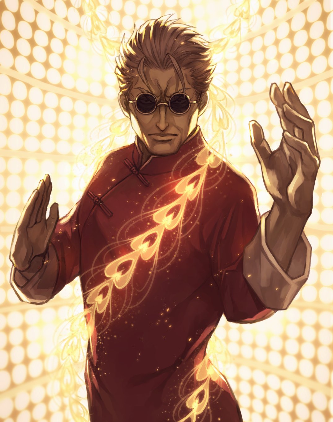 1boy, backlighting, chest, chinese_clothes, cowboy_shot, fate/grand_order, fate_(series), fighting_stance