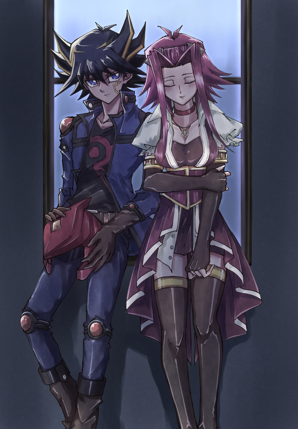 1boy, 1girl, blue_eyes, blush, boots, choker, closed_eyes, elbow_gloves