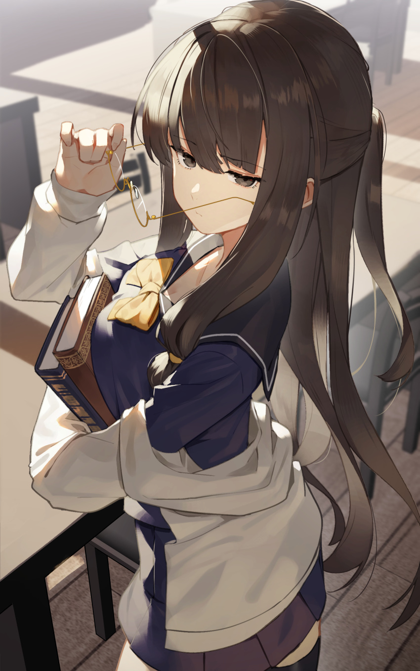 1girl, absurdres, bangs, black_legwear, blue_skirt, blunt_bangs, book, breasts