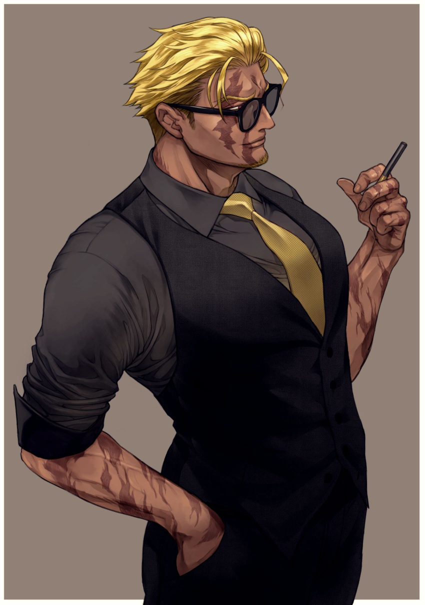 1boy, alternate_costume, bangs, beowulf_(fate/grand_order), black_pants, black_vest, blonde_hair, chest, cigarette, cowboy_shot, fate/grand_order, fate_(series), formal, hair_slicked_back, hand_in_pocket, highres, looking_to_the_side, muscle, necktie, pants, parted_bangs, red_eyes, renga2250, scar, short_hair, sunglasses, toned, toned_male, vest