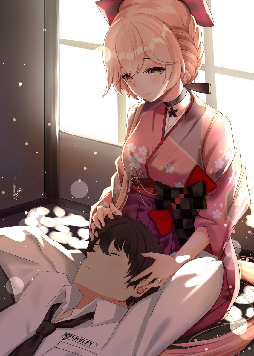 1boy, 1girl, blonde_hair, braid, brown_hair, choker, commander_(girls_frontline), commission