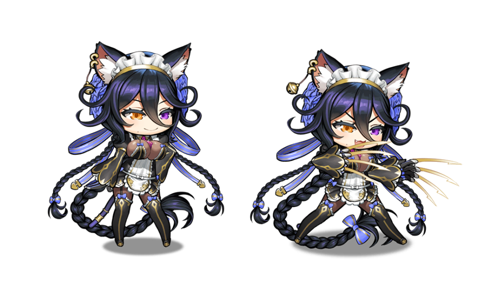 1girl, :3, animal_ears, bell, braid, breasts, cat_ears, chibi