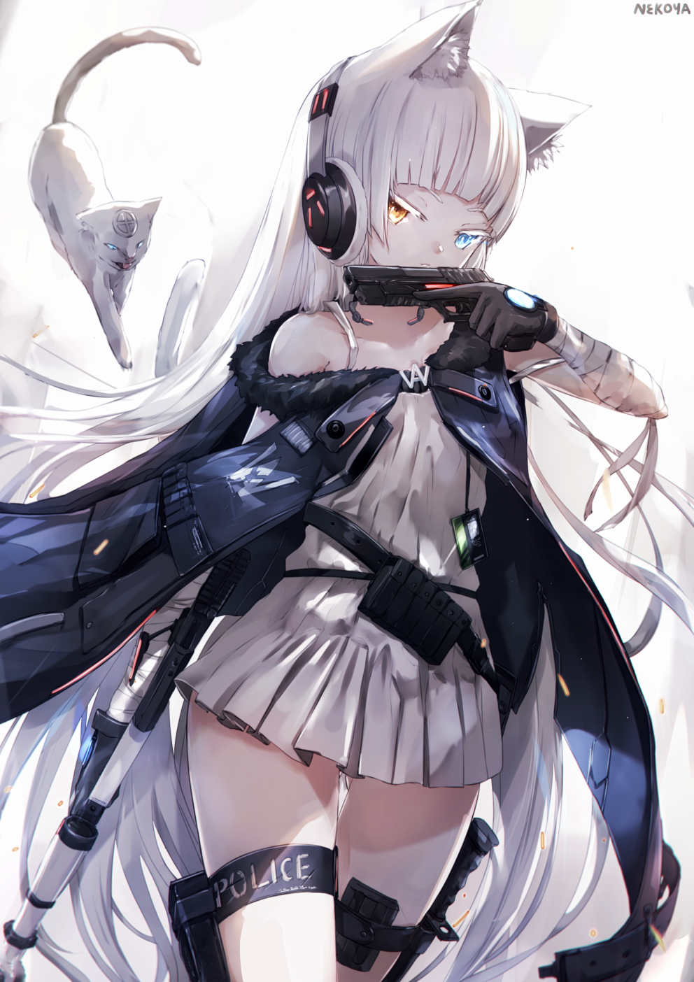 1girl, ai_arctic_warfare, animal, animal_ear_fluff, animal_ears, artist_name, awp_(girls_frontline)_(nekoya_(liu)), bandaged_arm